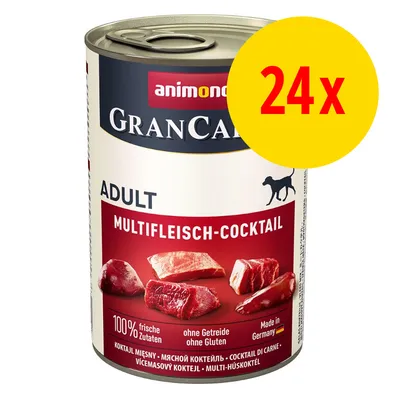 Multipack of 24 cans labelled adult multifleisch-cocktail, 100% fresh ingredients, grain and gluten free, made in Germany. Multipack of 24 cans labelled adult multifleisch-cocktail, 100% fresh ingredients, grain and gluten free, made in Germany.