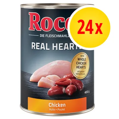 Multipack of 24 tins, each containing 400g chicken with whole chicken hearts. Label shows 'REAL HEARTS' and highlights inclusion of whole chicken hearts.