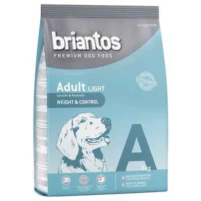 Balení briantos PREMIUM DOG FOOD Adult Light Weight & Control, 3 kg. Viditelný obrázek psa a piktogramy pro vyváženou výživu, vysokou snášenlivost, redukovaný tuk.