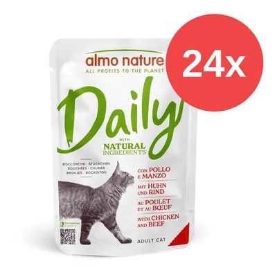 almo nature Daily mit natürlichen Zutaten, Huhn und Rind, für erwachsene Katzen. Packung enthält 24 Stück.