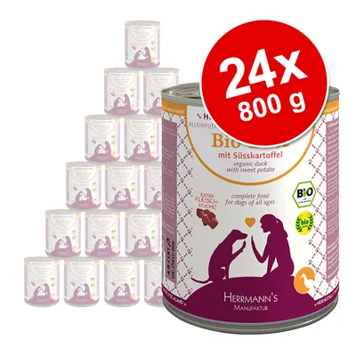 Herrmann's Bio-Entenfutter s sladkim krompirjem, komplet 24 pločevink po 800 g. Na embalaži: 'organic duck with sweet potato', BIO certifikat, ekstra kosi mesa.