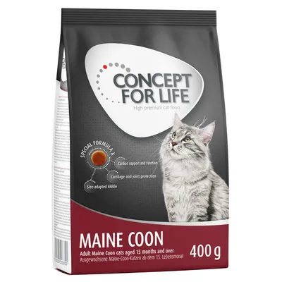Concept for Life Maine Coon, croquettes pour chats adultes Maine Coon dès 15 mois, sachet de 400 g. Texte en anglais : cardiac support and function, cartilage and joint protection.