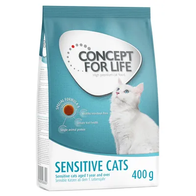 Concept for Life Sensitive Cats 400 g, croquettes pour chats sensibles dès 1 an. Texte visible : healthy intestinal flora, urinary tract health, single animal protein.