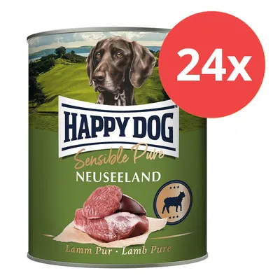 Happy Dog Sensible Pure Neuseeland, Lamm Pur. 24x Dosen mit Abbildung von rohem Fleisch und Hund vor grünem Landschaftshintergrund.