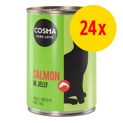 Cosma Pure Love Salmon in Jelly, Single Protein Pure Fish. Förpackning med 24 burkar. Text på engelska.