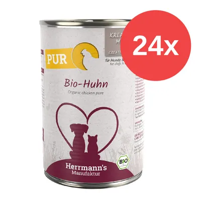 Herrmann's Manufaktur Bio-Huhn Nassfutter für Hunde und Katzen, 24x Dosen. Zertifiziertes Bio-Produkt mit Herzmotiv und PUR-Logo.