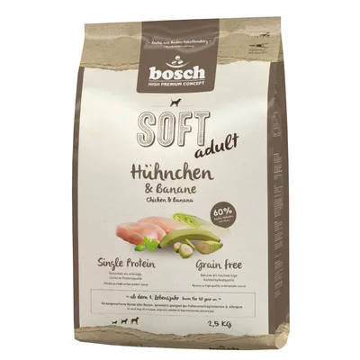 Bosch Soft Adult kuře a banán, jedno bílkovina, bez obilovin, 60 % čerstvého kuřete, vhodné od 1 roku pro citlivé psy všech plemen, 2,5 kg.