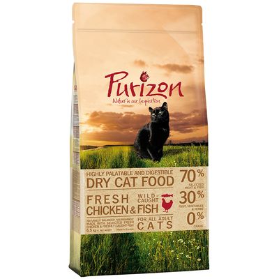 Purizon Dry Cat Food, 70% selected meat & fish, 30% fruit, vegetables & herbs, 0% grain, fresh chicken & wild-caught fish, for all adult cats. Opakowanie 6,5 kg.