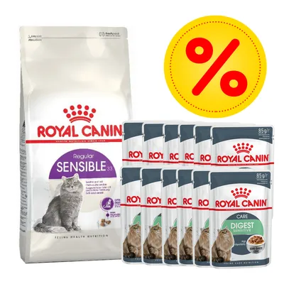 Royal Canin Regular Sensible 33 Trockenfutter und Digest Sensitive Nassfutter für Katzen. Angebot mit Prozentzeichen sichtbar.