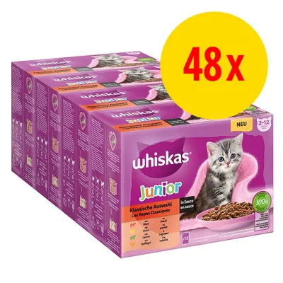 Whiskas Junior Klasyczny wybór w sosie, multipak z 48 saszetkami dla kotów w wieku 2-12 miesięcy. Smaki: wołowina, kurczak, jagnięcina, drób.