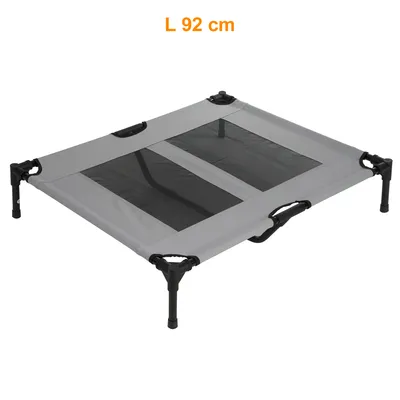 Lit surélevé pour animal, structure en métal et tissu gris avec surface centrale noire, poignées visibles, longueur indiquée : 92 cm.