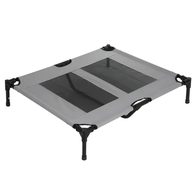 Raised grey bed with black mesh fabric and sturdy metal legs, rectangular shape.