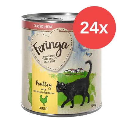 Feringa Classic Meat Adult, Geflügel mit Karotten und Löwenzahn, 800g Dose. Verpackung zeigt schwarzen Kater und Landschaft. Hinweis: 24x Packung.