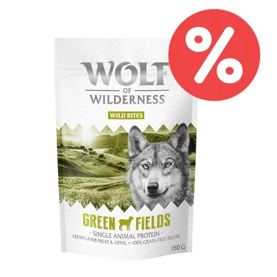 Wolf of Wilderness Wild Bites Green Fields, Single Animal Protein, frisches Lammfleisch & Innereien, 100% getreidefreie Rezeptur, 180g, Prozentzeichen für Rabatt