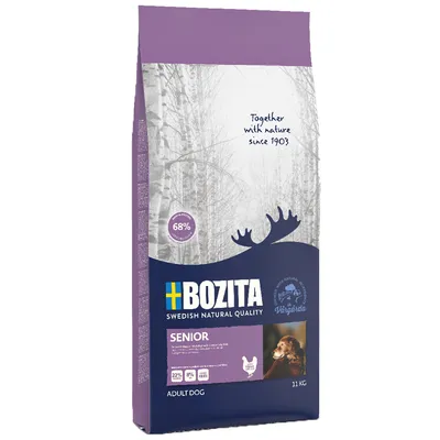 Bozita Swedish Natural Quality Senior hondenvoer, 11 kg. Tekst: Together with nature since 1903, 68%, 22% eiwit, 8% vet, grain free, adult dog. Afbeelding van een hond op de verpakking.
