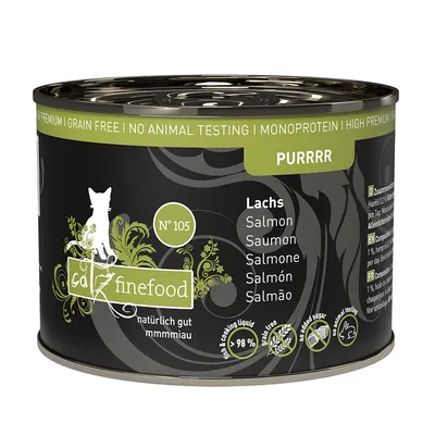 catz finefood No. 105, lohi, viljaton, ei eläinkokeita, monoproteiini, 98 % lihaa ja keitinnestettä, ei lisättyä sokeria, korkea premium-laatu.