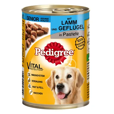 Blik Pedigree Senior hondenvoer, mit Lamm und Geflügel in Pastete. Tekst: Vital Protection, immuunsysteem, vertering, huid & vacht, botten. 100% ausgewogene Ernährung.