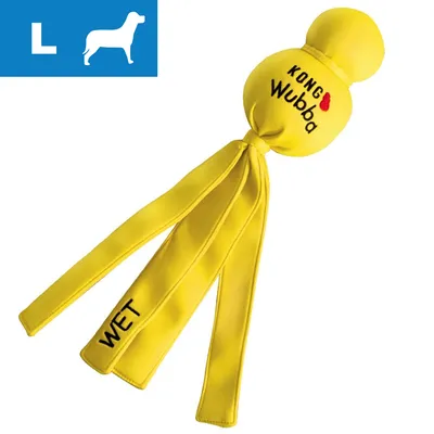 Yellow KONG Wubba Wet toy, size L, with long fabric tails and the word 'WET' printed on one tail. Blue icon indicates large size for a dog.