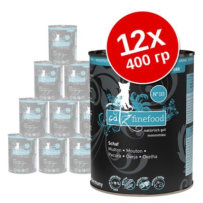 catz finefood №113, 12×400 г, консервированный корм для кошек, вкус: ягненок. Видны банки с надписями Schaf, Mutton, Pecora, Oveja, Ovelha.