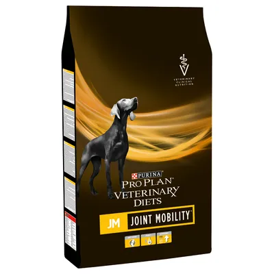 PURINA PRO PLAN VETERINARY DIETS JM JOINT MOBILITY -koiranruokapakkaus, musta ja keltainen, kannessa koiran kuva sekä tekstit: VETERINARY CLINICAL NUTRITION, JOINT MOBILITY