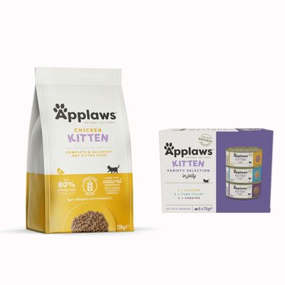 Applaws Chicken Kitten karma sucha i mokra dla kociąt, opakowania z widocznymi nazwami produktów. Okrągły napis: Wypróbuj teraz!