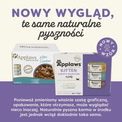 Nowy wygląd, te same naturalne pyszności. Applaws Kitten Selection – zmiana opakowania karmy dla kociąt, zawartość pozostaje bez zmian. Nowy wzór opakowania widoczny na zdjęciu.