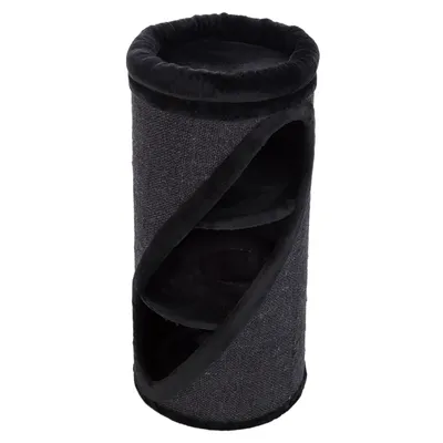 Sort cylinderformet kradsetønde med to åbne indgange og bløde liggeflader, yderside i stof og plyskanter. Ingen synlige mærker eller tekst. Sort cylinderformet kradsetønde med to åbne indgange og bløde liggeflader, yderside i stof og plyskanter. Ingen synlige mærker eller tekst.