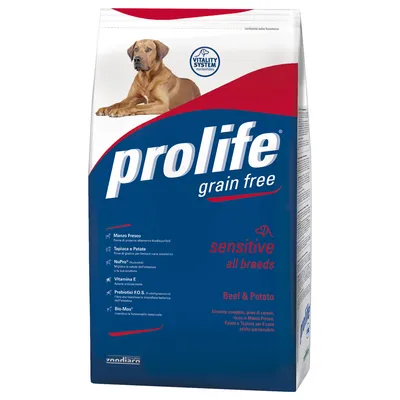 prolife grain free sensitive за всички породи, говеждо и картофи. Vitality System с нуклеотиди, Manzo Fresco, тапиока и картофи, NuPro, витамин E, пребиотици F.O.S., Bio-Mos+. Zoodiaco.