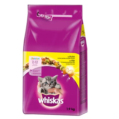Whiskas Junior 2–12 месеца суха храна за котенца с пиле, опаковка 1,9 кг. Видими гранули и изображение на коте отпред.