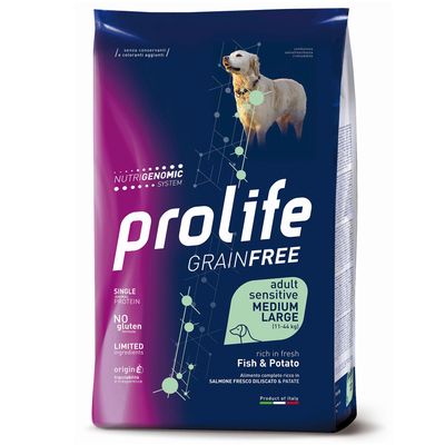 Multipack Risparmio! 2 x Prolife 2 x 10 kg Grain Free Adult Sensitive Medium/Large Pesce & Patate