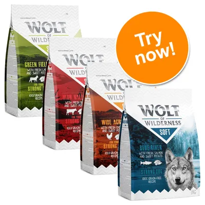 Wolf of Wilderness Soft dog food, 1kg bags in Green Fields, High Valley, Wide Acres, Blue River varieties. Visible text: Try now! 100% grain-free recipe, for your strong dog.