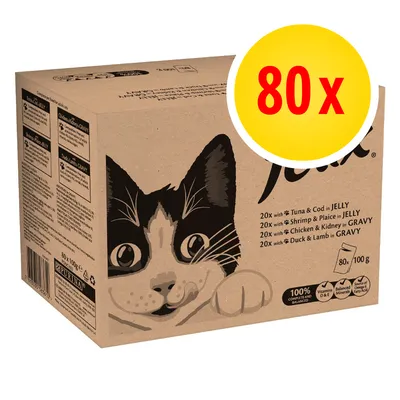 Caja de comida para gatos Felix, 80 sobres de 100 g. Variedades: atún y bacalao en gelatina, gambas y solla en gelatina, pollo y riñón en salsa, pato y cordero en salsa.