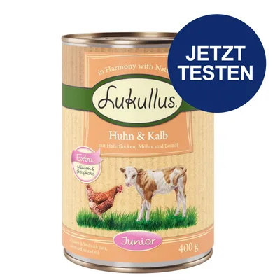 Lukullus Huhn & Kalb Junior, mit Haferflocken, Möhre und Leinöl. Extra Calcium & Phosphor. Jetzt testen. 400 g. Lukullus Huhn & Kalb Junior, mit Haferflocken, Möhre und Leinöl. Extra Calcium & Phosphor. Jetzt testen. 400 g.
