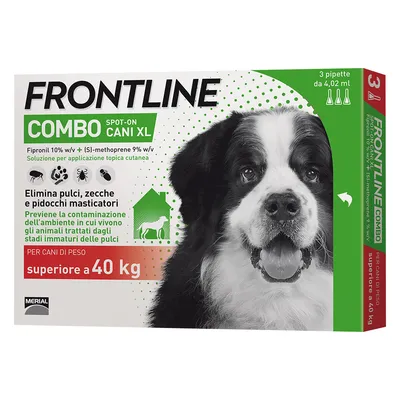 Frontline Combo Spot-On Cani XL, 3 pipette da 4,02 ml. Elimina pulci, zecche e pidocchi masticatori. Per cani di peso superiore a 40 kg. Fipronil 10% + (S)-methoprene 9%.