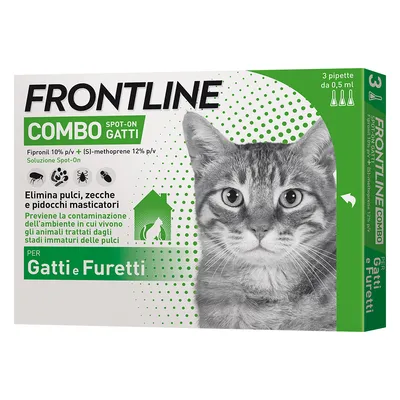 Frontline Combo Spot-On Gatti e Furetti, 3 pipette da 0,5 ml. Elimina pulci, zecche e pidocchi masticatori. Previene la contaminazione dell’ambiente dagli stadi immaturi delle pulci.