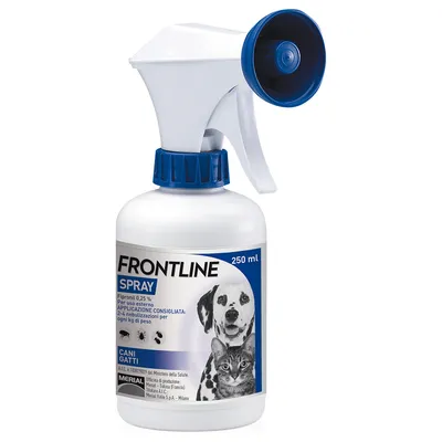 Spray Frontline 250 ml, etichetta con cane e gatto, testo: Fipronil 0,25 %, uso esterno, applicazione consigliata 2-4 nebulizzazioni per ogni kg di peso, cani gatti, Merial.