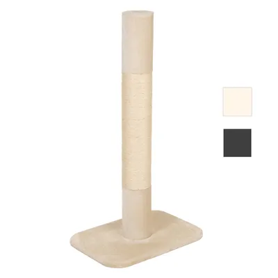 Škrabadlo pro kočky s béžovým plyšovým podstavcem a sloupkem omotaným sisalem, ukázka dvou barevných variant: béžová a tmavě šedá.