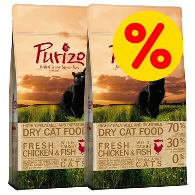 Twee zakken Purizon Dry Cat Food, Fresh Chicken & Wild-Caught Fish, 400 g. Gele kortingscirkel met procentteken zichtbaar op de verpakking. Twee zakken Purizon Dry Cat Food, Fresh Chicken & Wild-Caught Fish, 400 g. Gele kortingscirkel met procentteken zichtbaar op de verpakking.