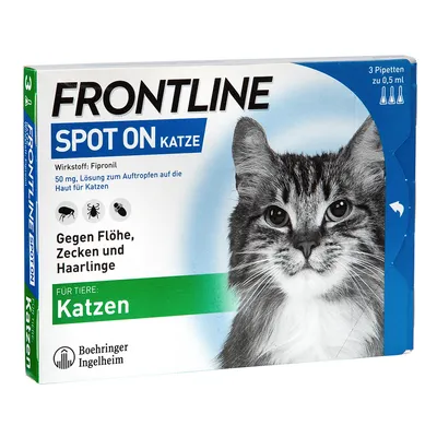 FRONTLINE Spot On Katze, 3 pipetten à 0,5 ml. Werkstof: Fipronil. Gegen vlooien, teken und haarlingen. Für Tiere: Katzen. Boehringer Ingelheim.