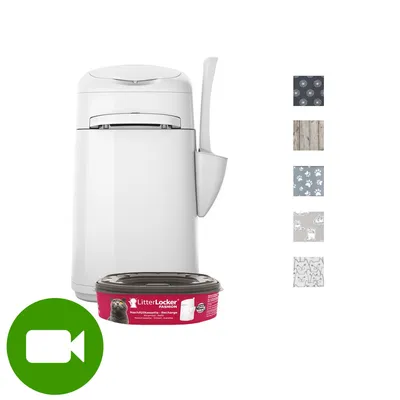 Pojemnik LitterLocker Fashion z łopatką, kaseta wymienna z widoczną nazwą produktu. Po prawej pięć wzorów paneli dekoracyjnych.