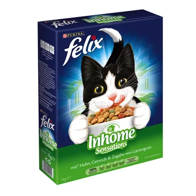 Упаковка корма для кошек Purina Felix Inhome Sensations, 1 кг. Видны надписи: mit Huhn, Getreide & Zugabe von Gartengrün, 100 %, für die Hausstubentiger. Упаковка корма для кошек Purina Felix Inhome Sensations, 1 кг. Видны надписи: mit Huhn, Getreide & Zugabe von Gartengrün, 100 %, für die Hausstubentiger.