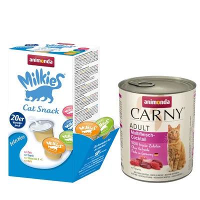 animonda Kombi-Paket: 12 x 800 g Carny Adult + 20 x 15 g Milkies Selection - Multi-Fleischcocktail + Milkies Snack (4 Sorten)