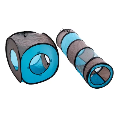 Spielset bestehend aus einem blauen Würfel mit Öffnungen und einem blauen Tunnel, beide aus Netz- und Stoffmaterial.
