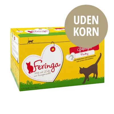 Feringa kattefoder, 1,02 kg (12 x 85 g), uden korn. Synlig tekst: Poultry mit Möhrchen und Löwenzahn with carrots and dandelion. Mit viel Liebe wie hausgemacht! Feringa kattefoder, 1,02 kg (12 x 85 g), uden korn. Synlig tekst: Poultry mit Möhrchen und Löwenzahn with carrots and dandelion. Mit viel Liebe wie hausgemacht!