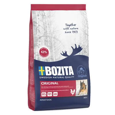 BOZITA Swedish Natural Quality Original, 63% dierlijk eiwit, 22% proteïne, 11% vet, GMO free, adult dog, 950 g. Tekst: Together with nature since 1903.
