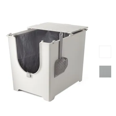 Katzentoilette aus Kunststoff mit grauem Einsatz und integrierter Streuschaufel. Zwei Farboptionen: Weiss und Grau.