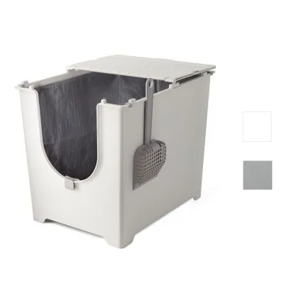 Toilette per gatti in plastica grigia con paletta laterale e apertura frontale, interno rivestito. Due opzioni di colore visibili: bianco e grigio.