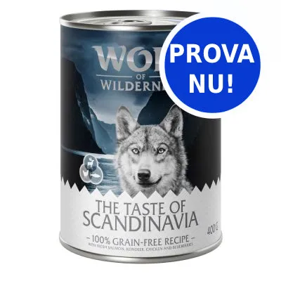 Wolf of Wilderness The Taste of Scandinavia, 100 % spannmålsfri, med lax, ren, kyckling och blåbär, 400 g. Blå cirkel med texten PROVA NU!