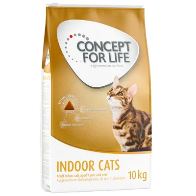 Balení krmiva Concept for Life Indoor Cats 10 kg, obrázek kočky, viditelný text: Special Formula, ideal weight maintenance, hairball function, reduced stool odour.