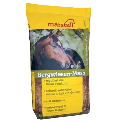 Sac marstall Bergwiesen-Mash 12,5 kg, texte en allemand : régule la fonction intestinale, préparation rapide chaud ou froid, avec herbes, sans céréales ni mélasse.